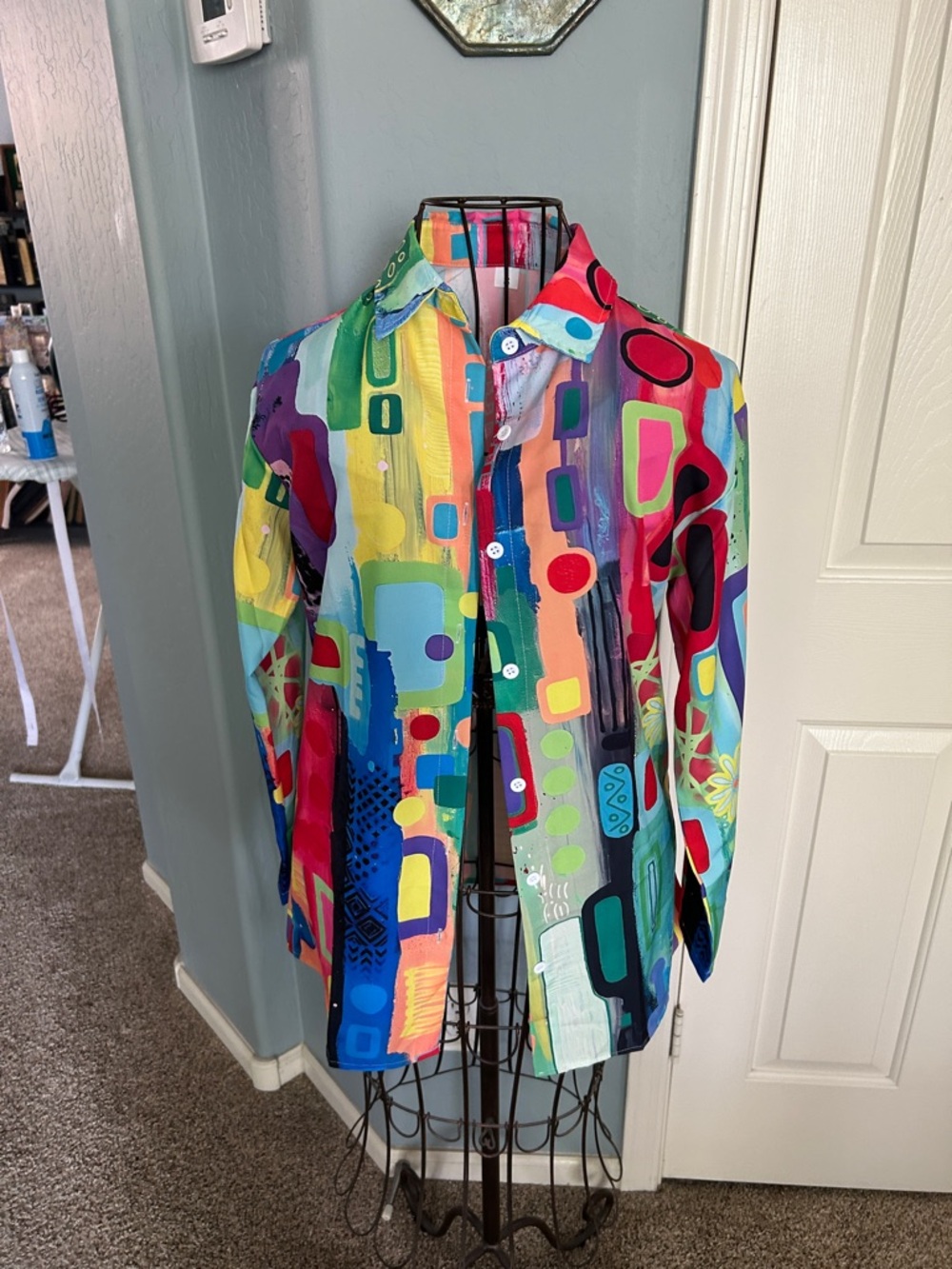 Colorful Abstract Print Button-Up Blouse - Multicolor